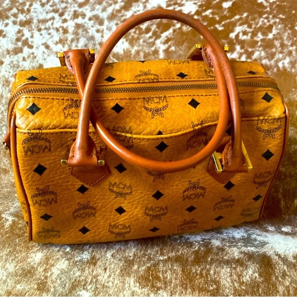 MCM Mini Boston Bag Visetos Brown w:Twilly, EUC